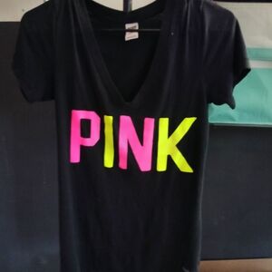 PINK Victoria's Secret Black Tee with Neon Pink and Yellow Logo
